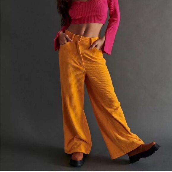 Urban Outfitters UO Lena Chenille Wide Leg Pants Pumpkin Orange Women’s Size 8 - Picture 3 of 10